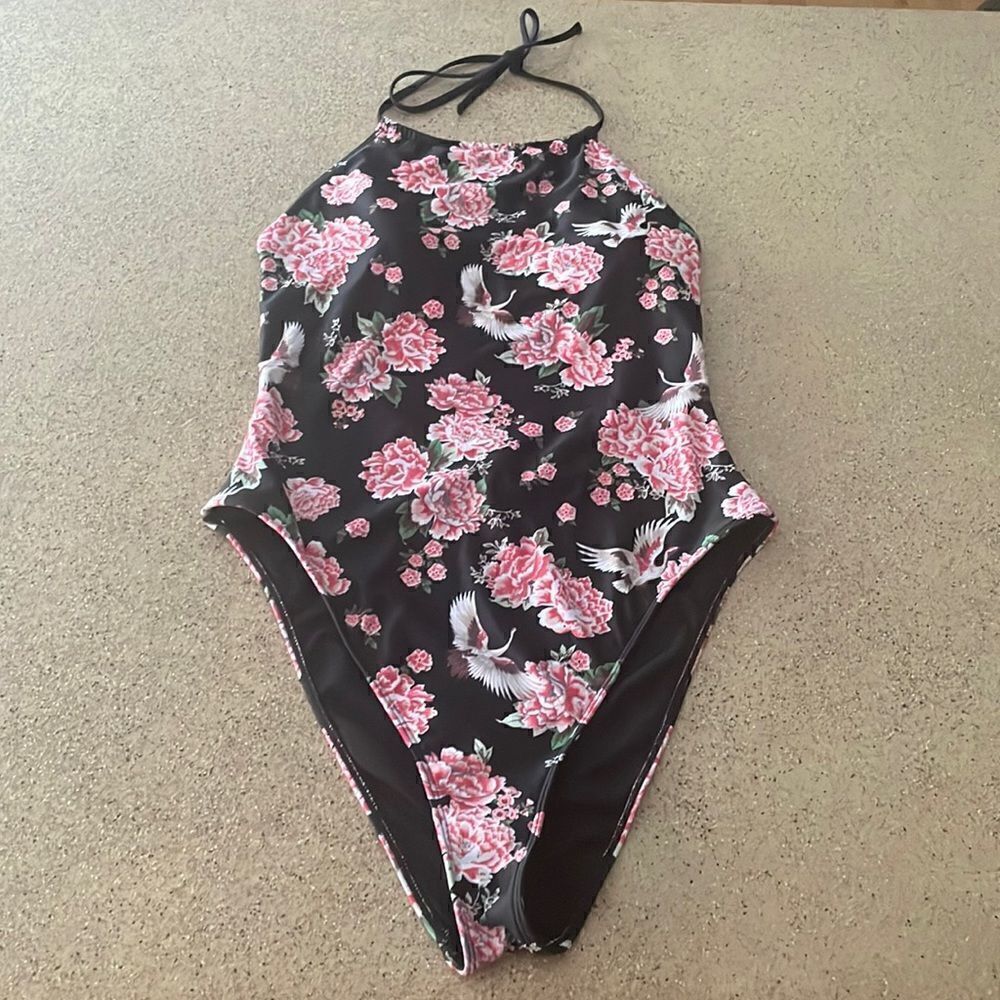 Black halter neck one piece swimsuit with roses and cranes print